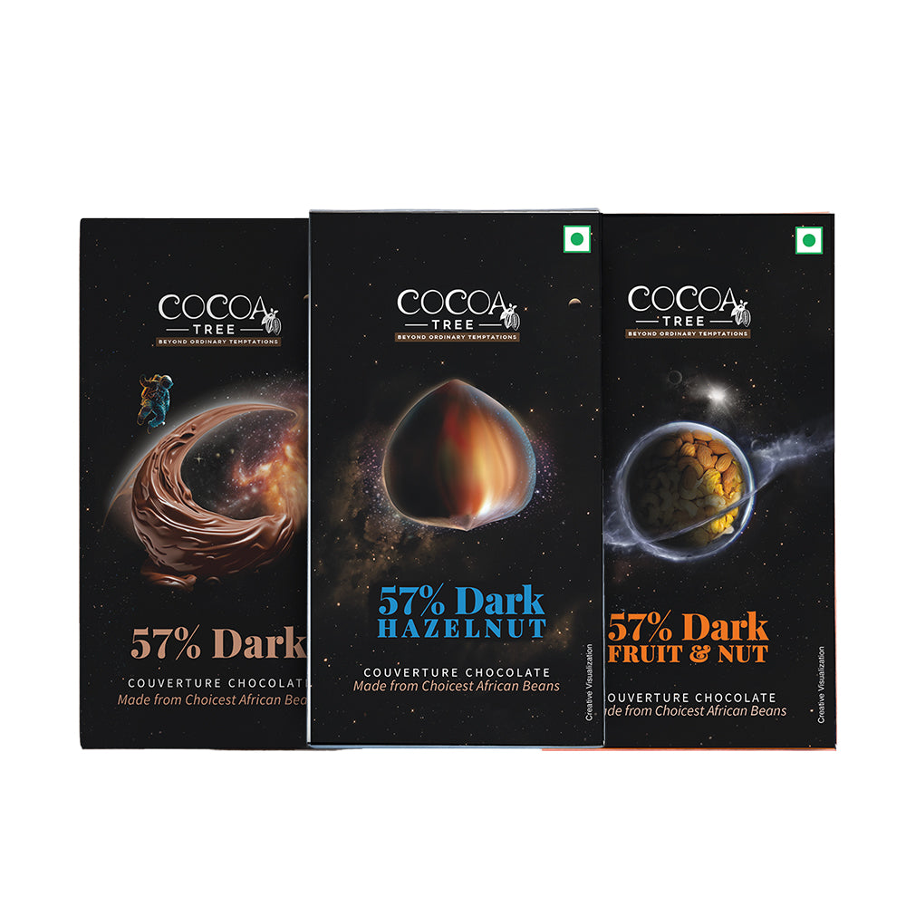 Set of 3 Dark Chocolate Bars containing 1 57% Dark, 1 57% Dark Hazelnut & 1 57% Dark Fruit & Nut