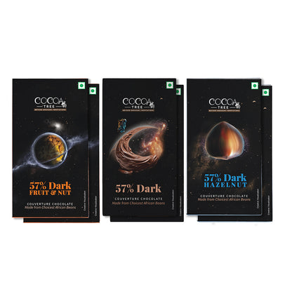 Set of 6 Dark Chocolate Bars containing 2 57% Dark, 2 57% Dark Hazelnut & 2 57% Dark Fruit & Nut