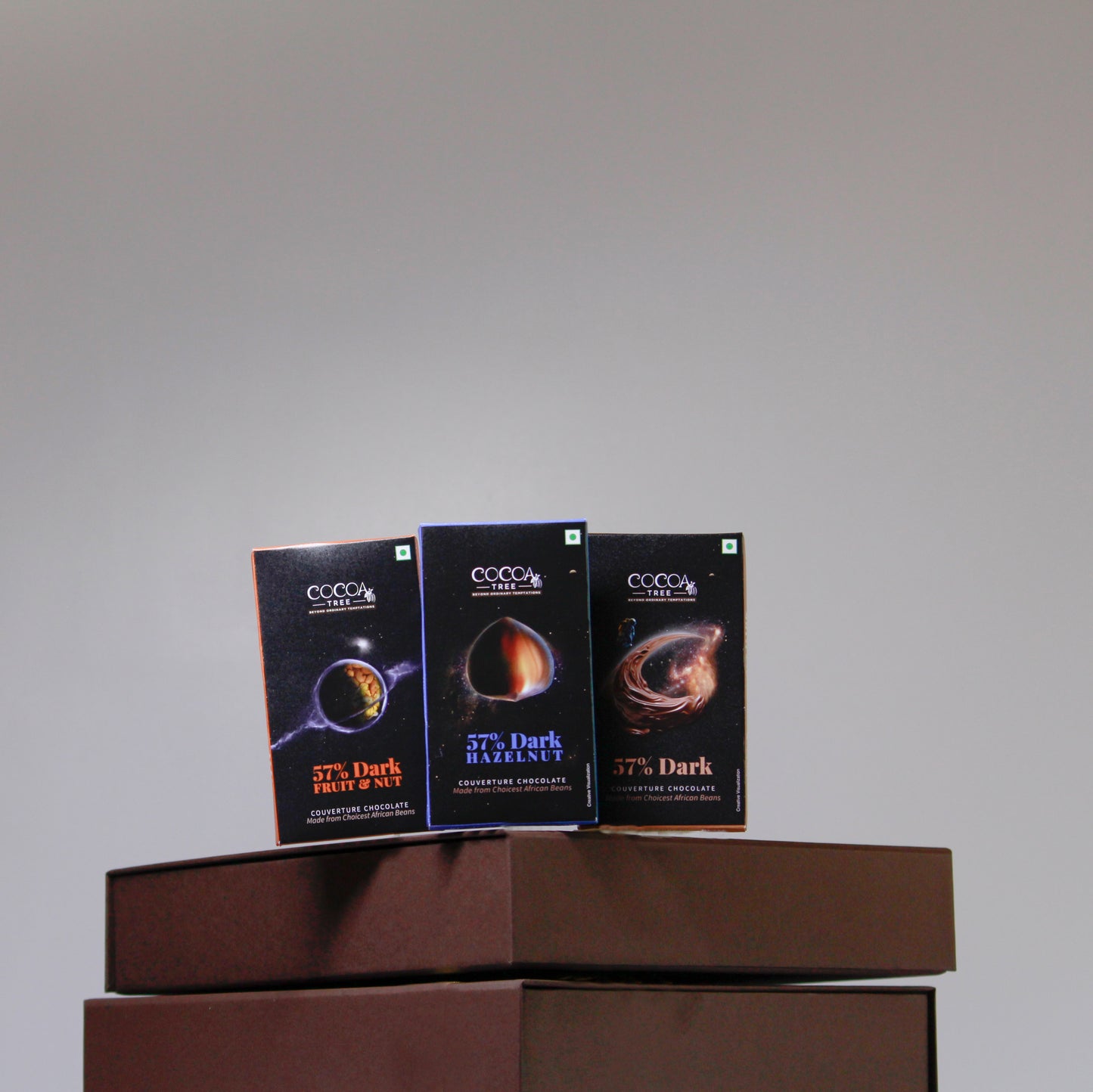 Set of 6 Dark Chocolate Bars containing 2 57% Dark, 2 57% Dark Hazelnut & 2 57% Dark Fruit & Nut