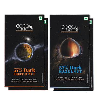 Set of 2 57% Dark Hazelnut & 2 57% Dark Fruit & Nut Chocolate Bars