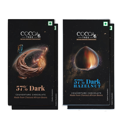 Set of 2 57% Dark & 2 57% Dark Hazelnut Chocolate Bars